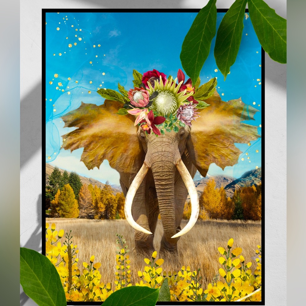 Flower & Elephant Handmade Digital Art Print 8 1/2”x11” Does Not include Frame